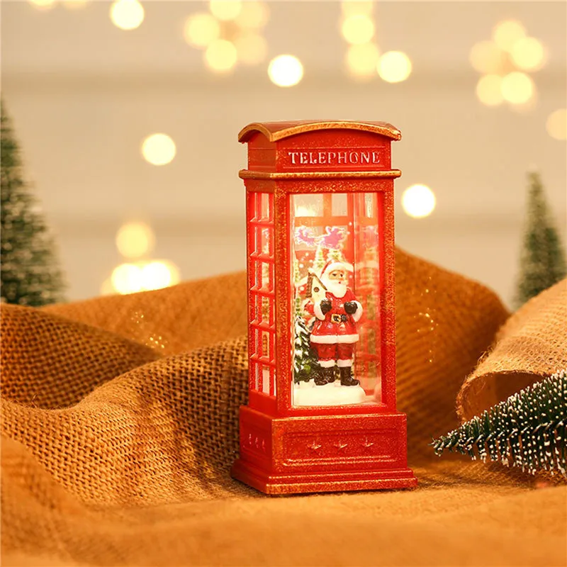 Design retro londres cabine de telefone cabine árvore natal papai boneco de neve arranjo vermelho ornamentos luminosos noite lâmpada