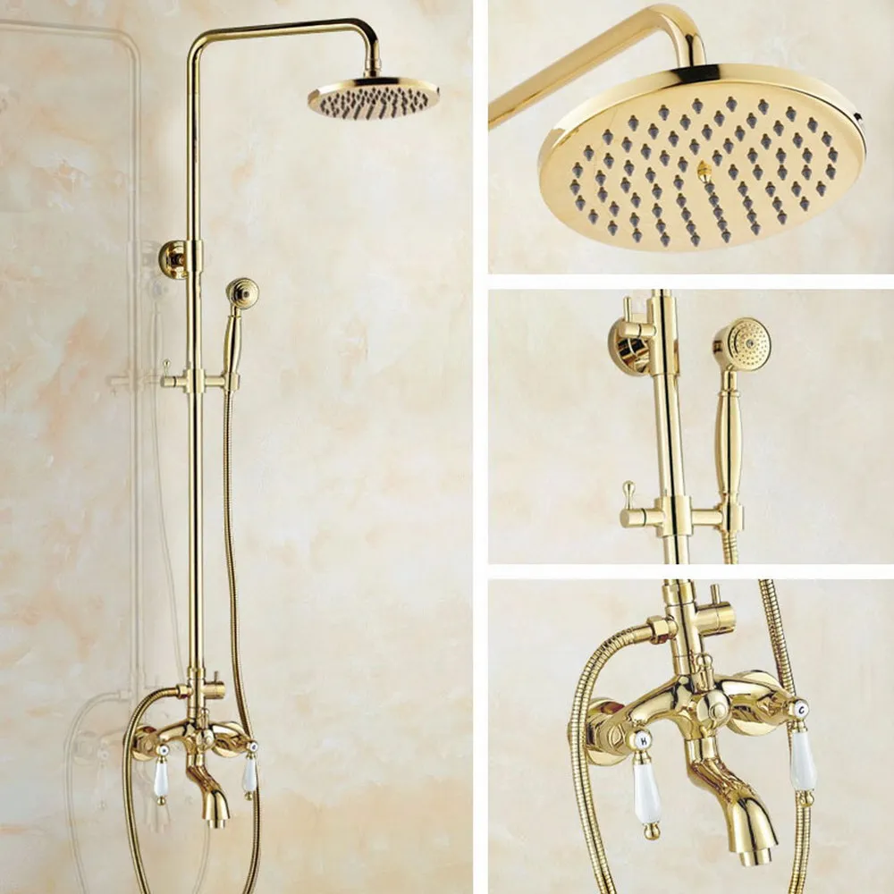 Gold Color Brass Two Ceramic Handle Wall Mounted Bathroom Rain Shower Head Bath Tub Faucet Set Telephone Shape Hand Spray mgf424