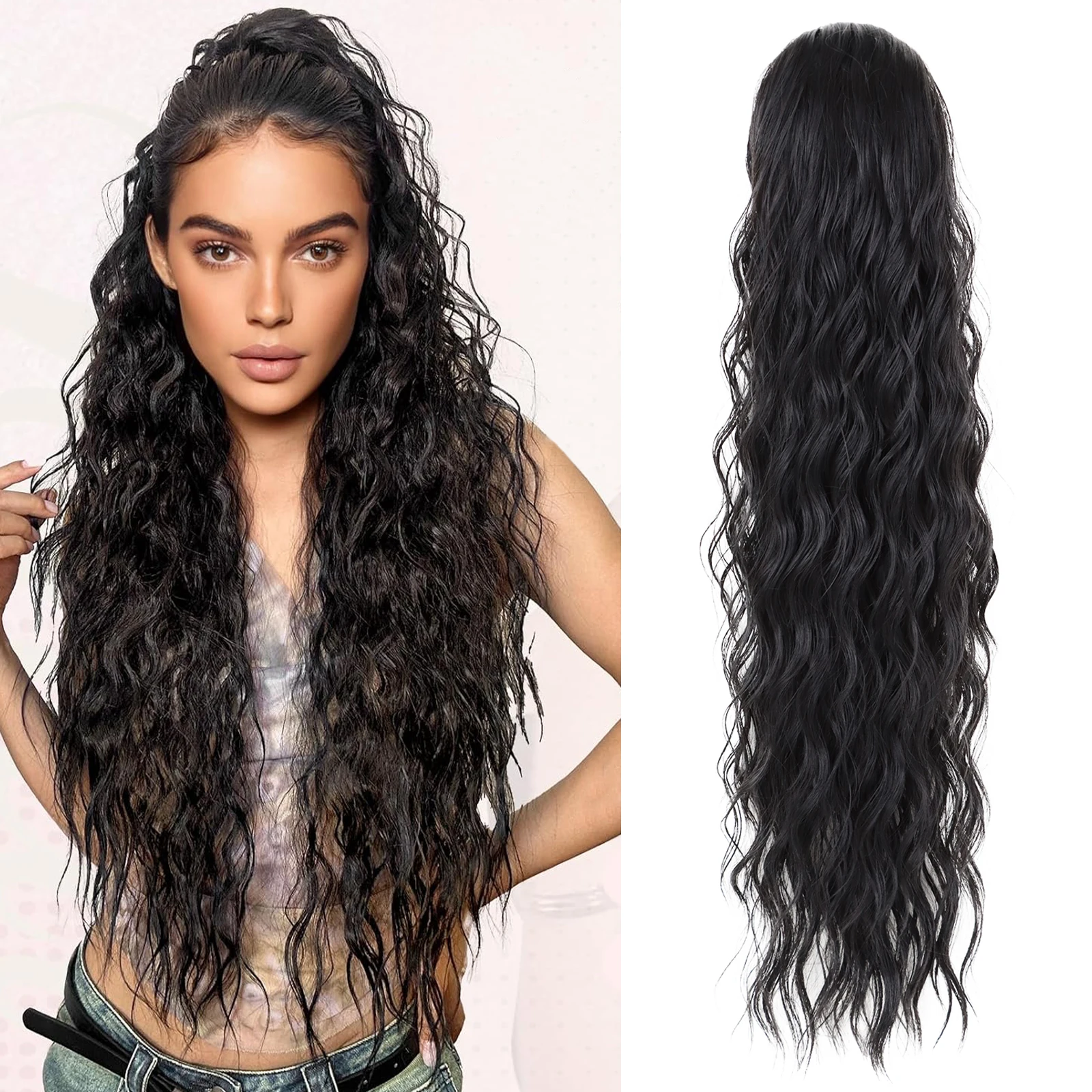 24Inch Synthetic Long Drawstring Ponytail Hair Extensions for Women Curly Wavy Natural Black Wavy Hairpiece Daily Use Party