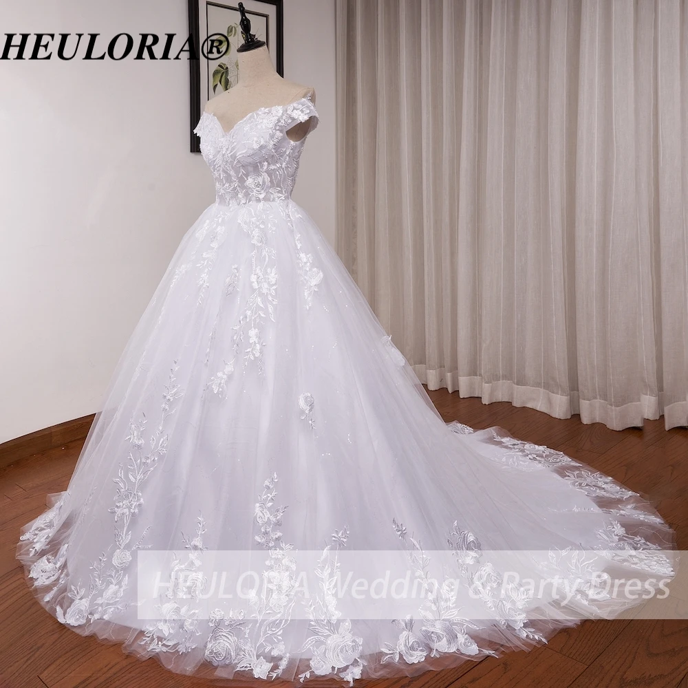 HEULORIA princess wedding dress off shoulder shinny skirt lace applique plus size white bride dress customize