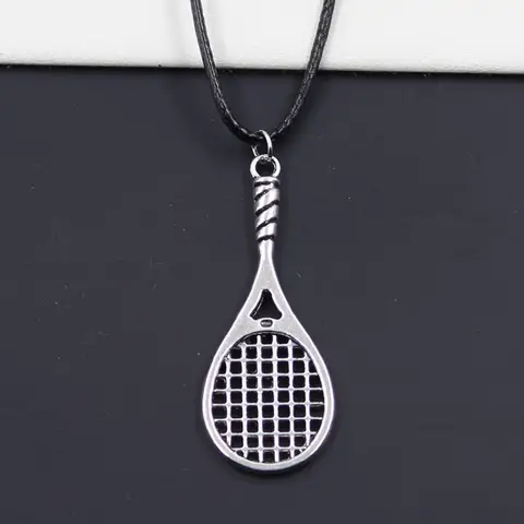 Nuevo Durable negro imitación cuero bádminton raqueta de tenis colgante cordón gargantilla DIY collar Retro Boho Color plata tibetana