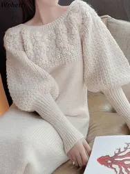 Woherb New Vintage Split Sweater Woman Dress Women Embroidery Flower Knitting Dresses Spring Warm Casual Lantern Sleeve Vestidos