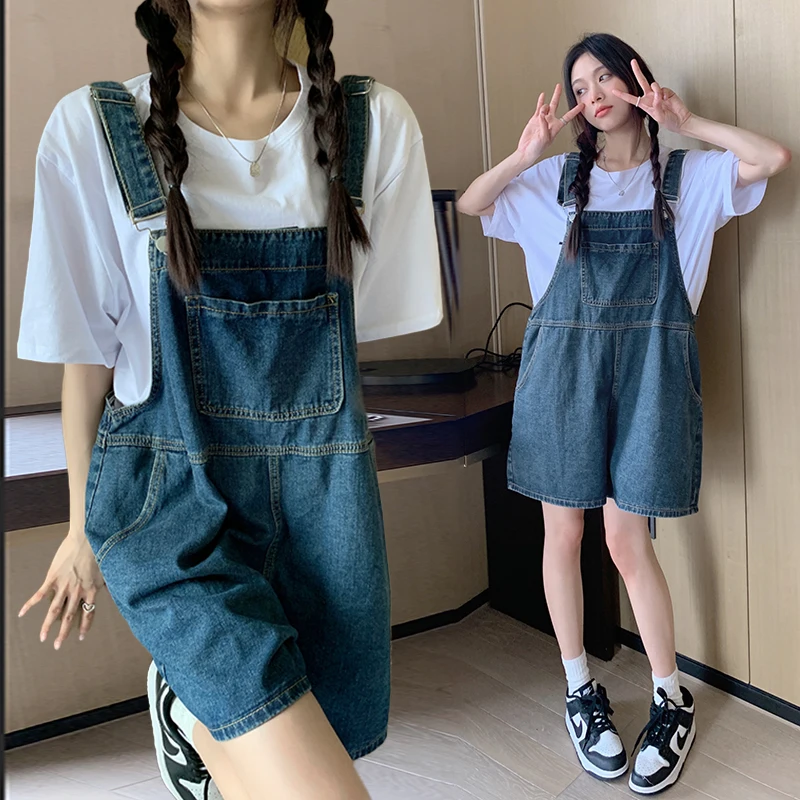 

Wide Leg Loose Straight Denim Bib Jeans for Maternity Summer Jumpsuits for Pregnant Women Y2k Youth Pregnancy Overalls Shorts