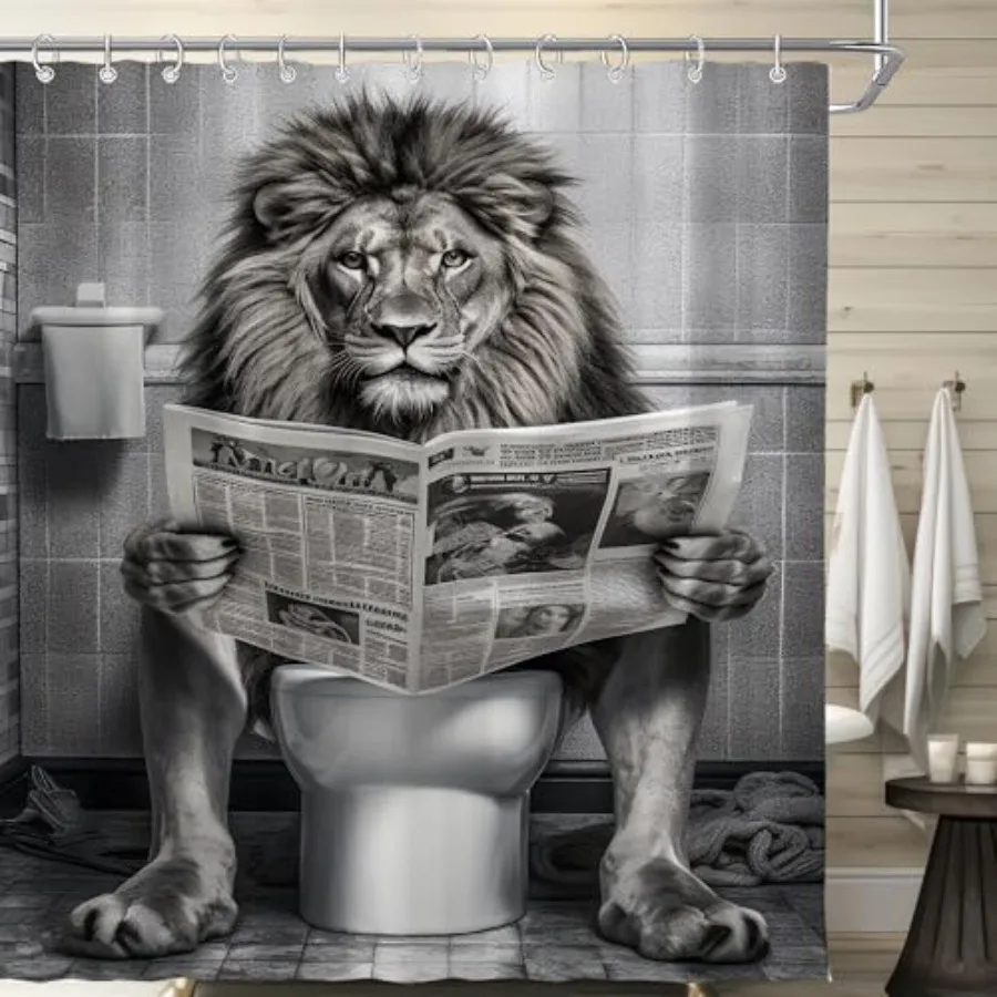 

Farmhouse Funny Lion Mens Shower Curtain for Bathroom 72W*72H Inch Black and White Humor Animal Reading on Toilet Bathtub Decor