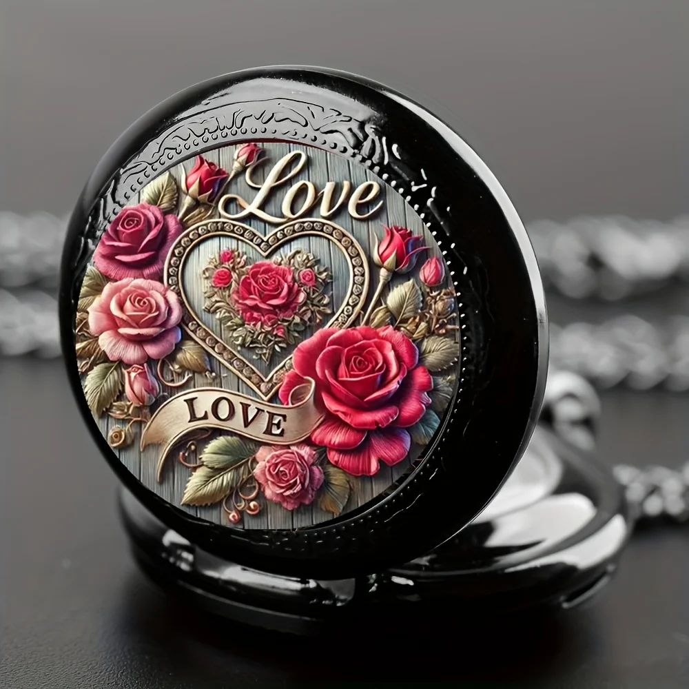 Elegant Fashion Heart-Shaped Pocket Watch Necklace with Alloy Case, Pink Floral Design & Quartz Movement - Women's Mens Jewelry