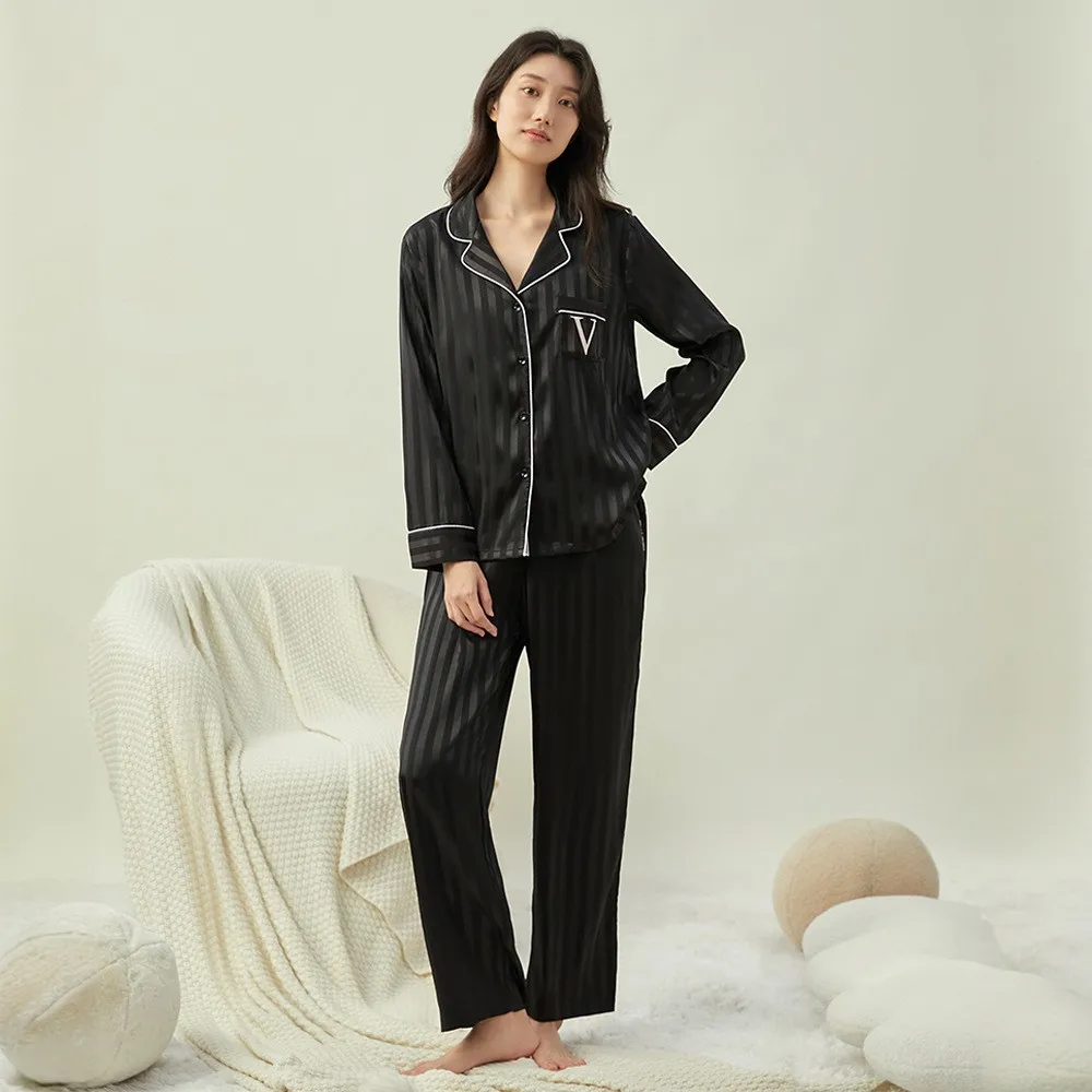 2026 Winter Long-sleeved Women's Silk Satin Pajamas 2-piece Set Striped Embroidered Letter Pocket Home Wear Luxury Evening Wear