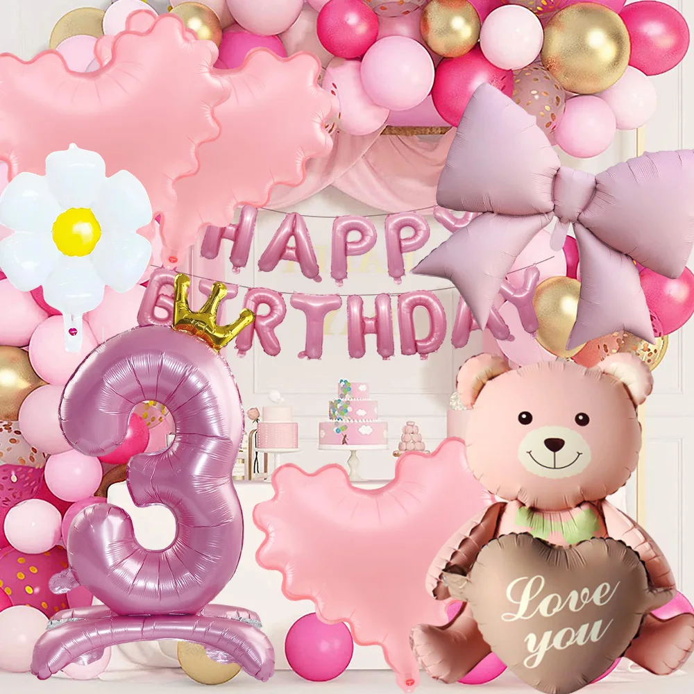 

Pink Series Number Foil Balloons Happy Birthday Letter Banner Bear Heart Flower for Girls Princess Theme Birthday Party Decor