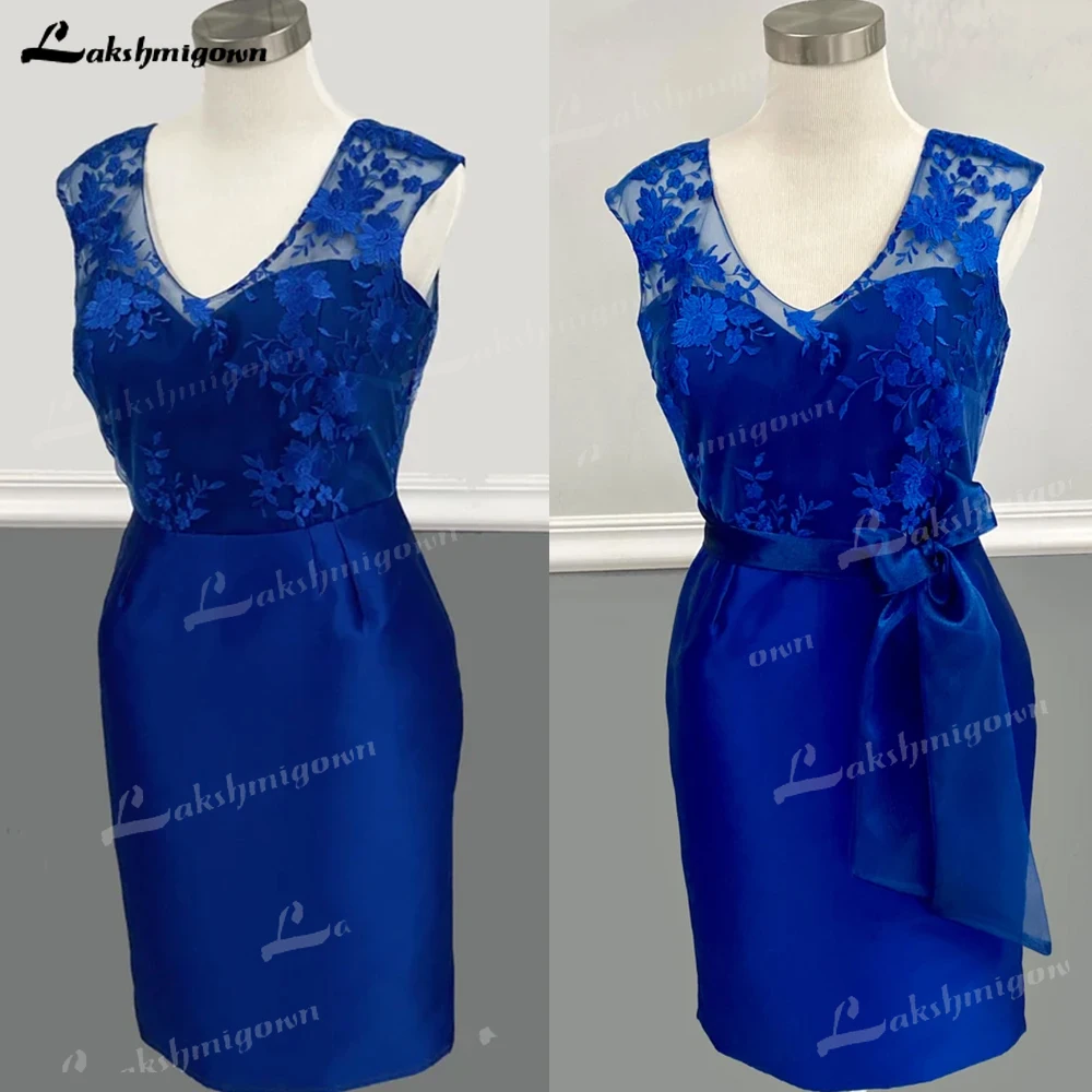 Royal Blue Short Mother Of The Bride Dress Elegant Lace Top Knee Length High Quality Fabrics V-Neck Satin Weddings Events