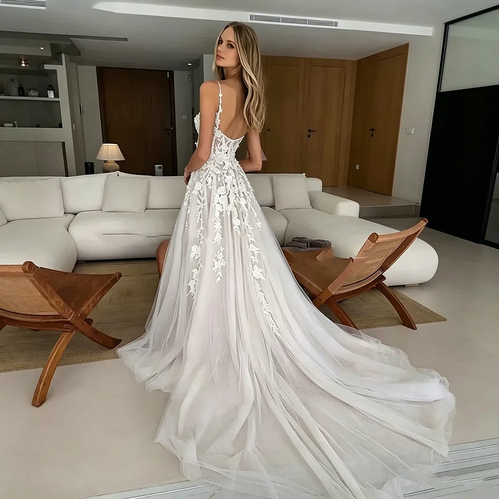 Women's Floral Lace Wedding Dress Spaghetti Straps Corset High Slit Sheer Back Tulle Train Elegant Bridal Gowns for Prom Evening
