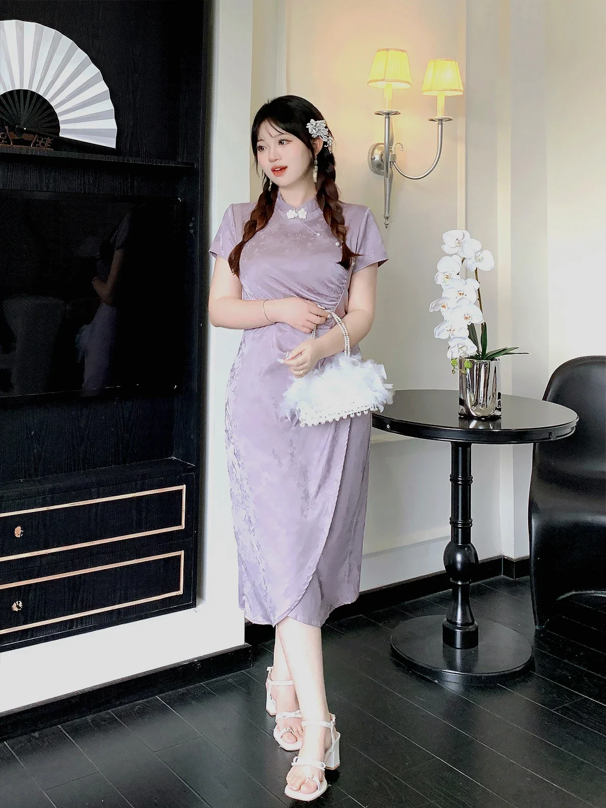 Summer Plus Size Chinese Modern Improvement Slim Cheongsam Women's Purple Jacquard Waist Traditional Chinese Style Long Dresses