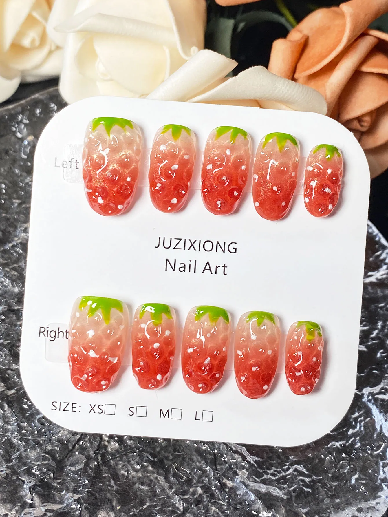 10 قطع من أظافر اللوز الحمراء المصنوعة يدويًا على شكل عين القطة الحمراء على شكل فراولة لطيفة ورقيقة لفن الأظافر. #2