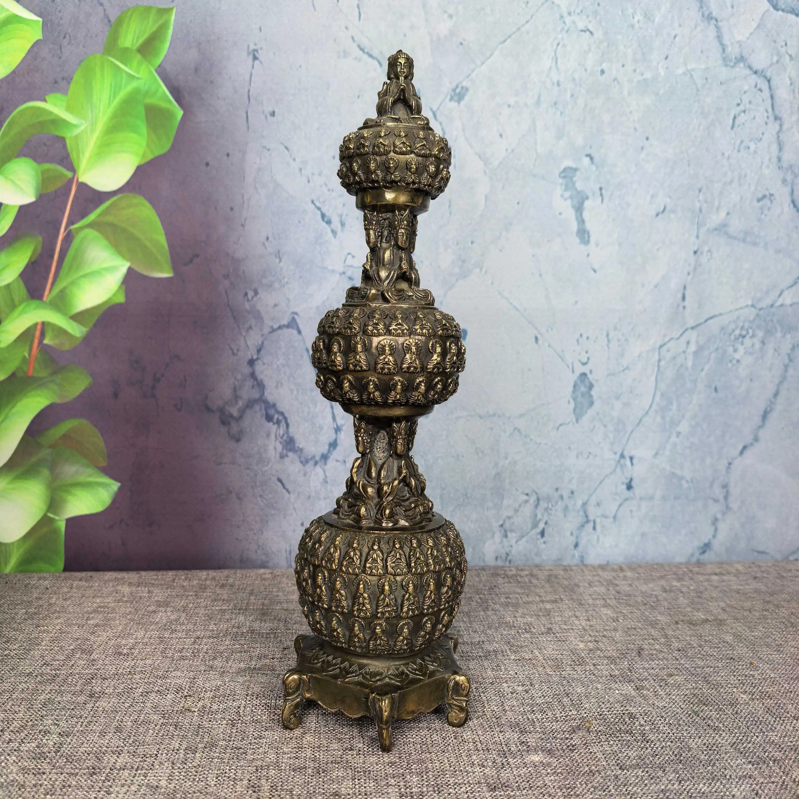 Old Brass Thousands of pagoda Three Buddhist pagodas Elephant Head Tripod Base screen Study desktop Amass wealth Ornaments