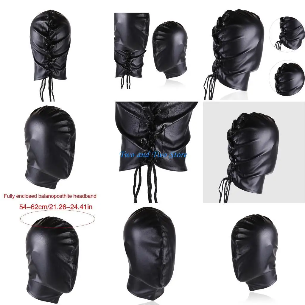 

HX6F PU Hood Head Cover for Couple Play Flirting Headgears with Tie Head Wrap