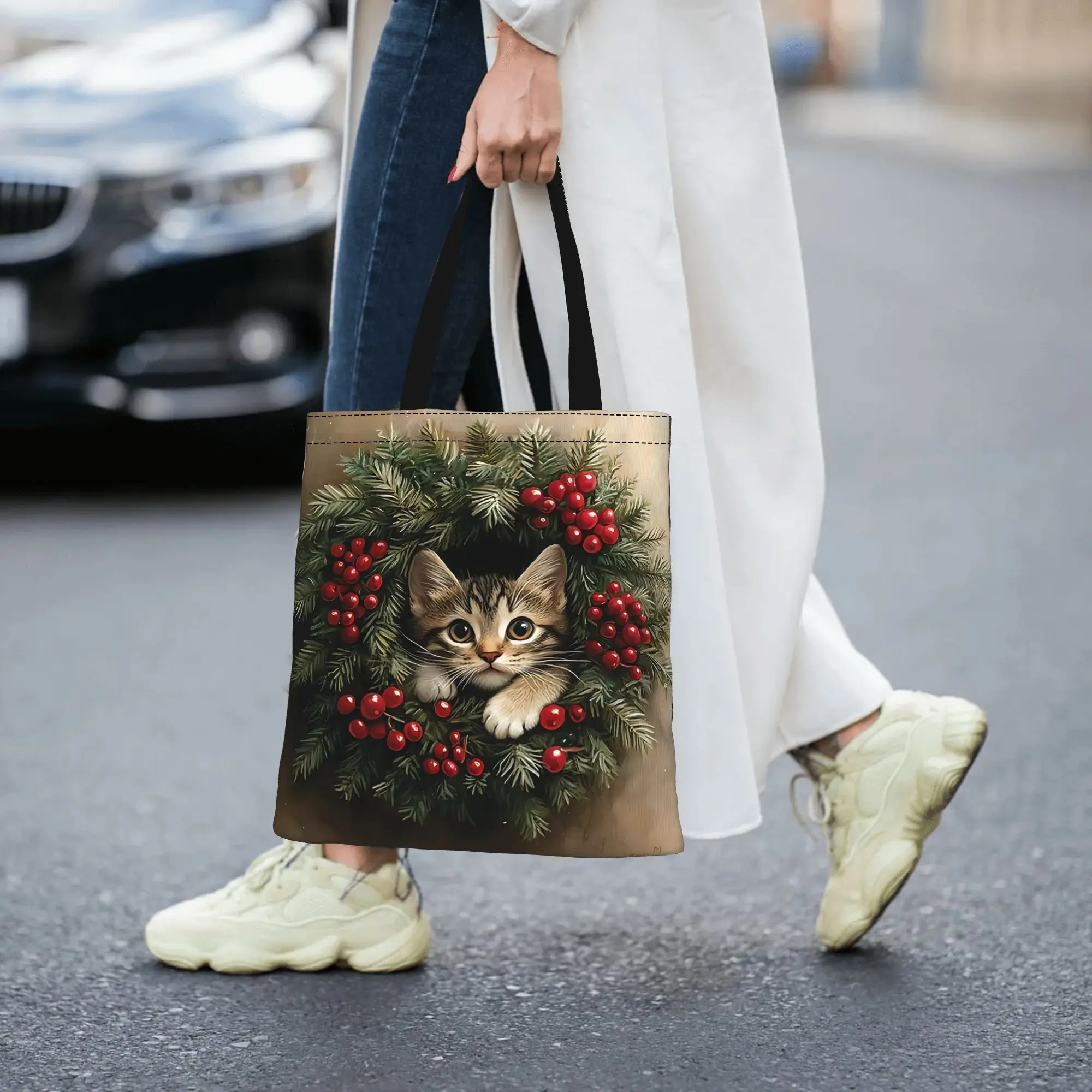 Customized Christmas Wreath Cat Print Women's Bag Shopping Bag Reusable Double Sided Canvas Tote Bag Shoulder  Handbag