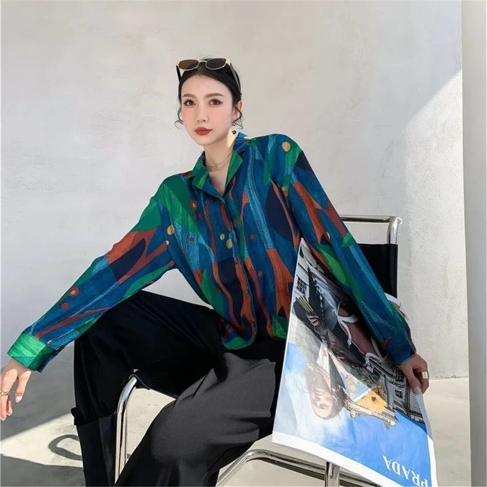 Formal DressestrendFrench Long Sleeve Flower Shirt For Women, Retro Colorful Oil Painting Top, Unique Antique French Style, Spri