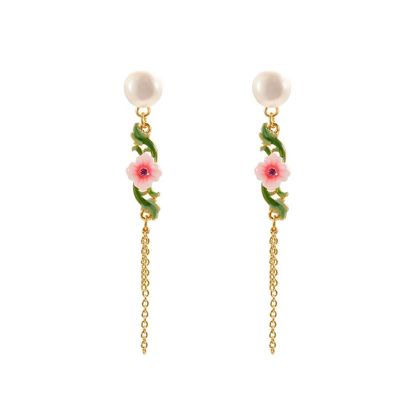 

Bohemia Fresh Pearl Rose Enamel Flower Element Earrings Niche Design Personalized Long Chain Earrings Christmas Jewelry New Year