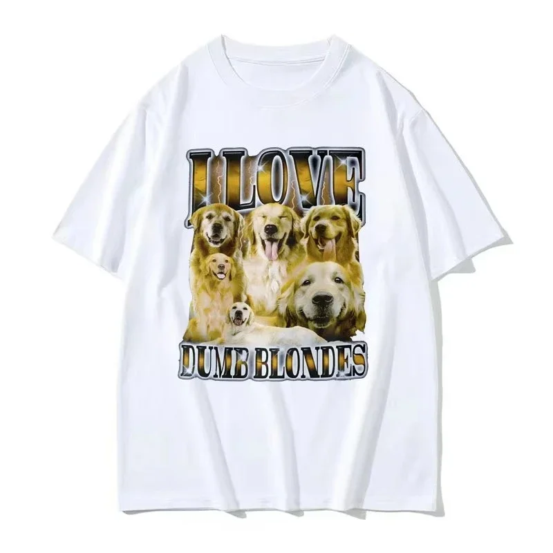 

Summer men I Love Dumb Blondes English Golden Retriever printed T-shirt Retro Gothic cotton short-sleeved Y2k streetwear