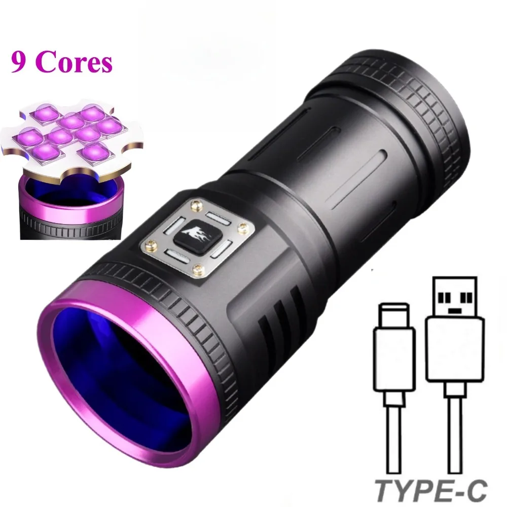 395nmハイパワーuv懐中電灯-タイプc充電式-9コアuvランプ-ブラックライトトーチ-ペットの尿検出-サソリ探知用