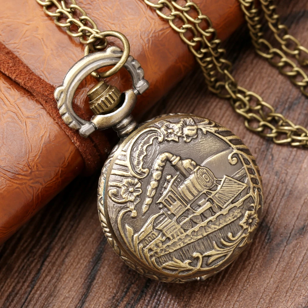 Small Bronze Steam Train Necklace Pocket Watch Gift Men Women Quartz Arabic Numerals Dial Vintage Fashion Pendant Timepiece