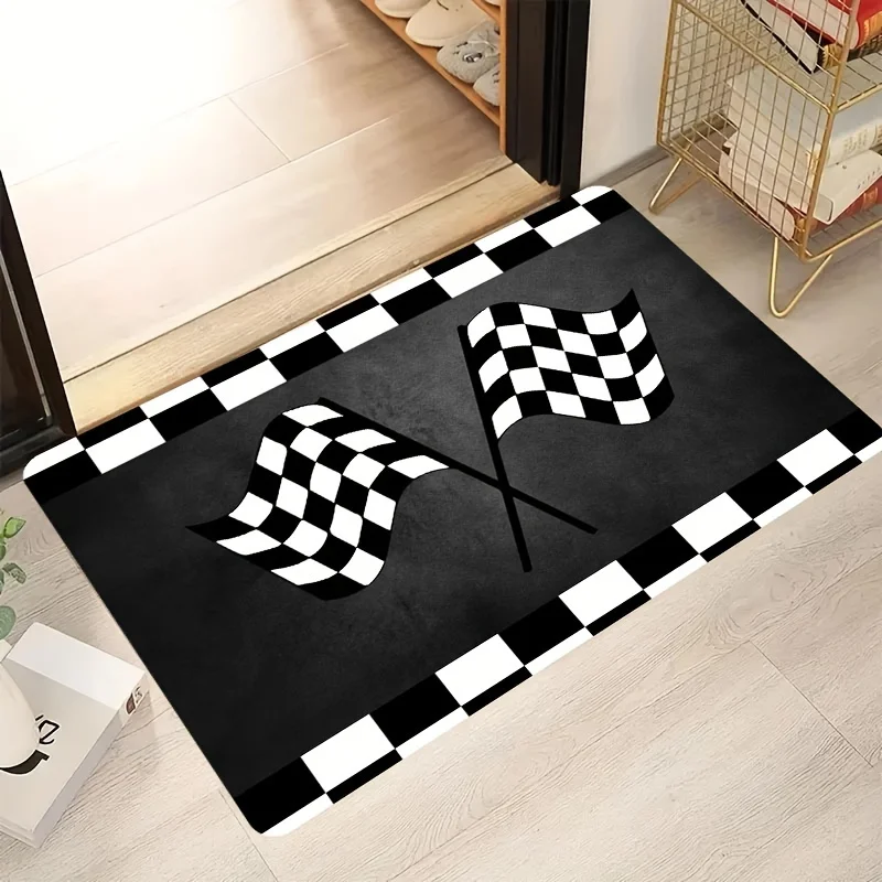 Racing Checkered Flag Doormat, Black White Auto Entrance Rug, Sports Car Garage Floor Mat, Non-Slip Home Decor for Man Cave