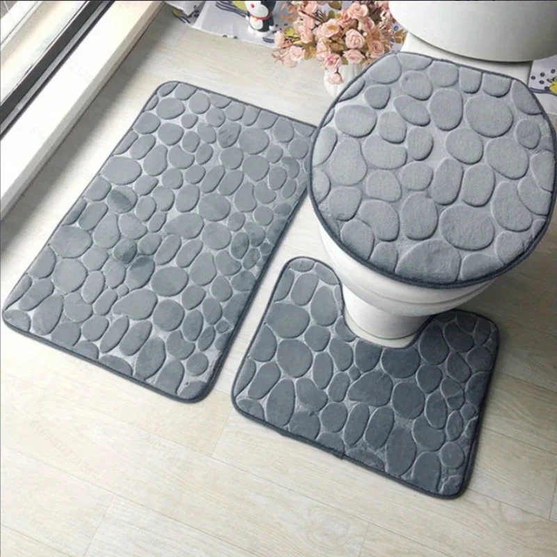 3PCS Cobblestone Bath Mat Stone Textured, Rapid Water Absorbent, Non-Slip, Washable, Thick Soft and Comfortable Carpet for Bath