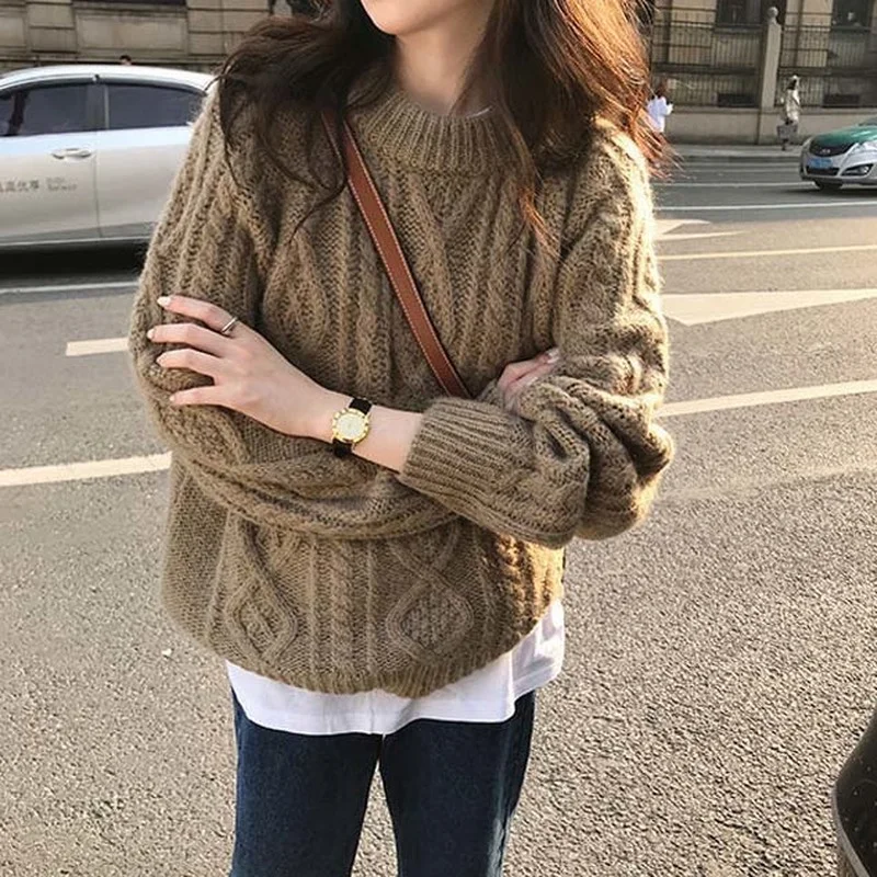 Jesienno-zimowe swetry damskie Vintage Twist sweter z okrągłym dekoltem styl japoński Retro leniwe eleganckie kleiste swetry z dzianiny