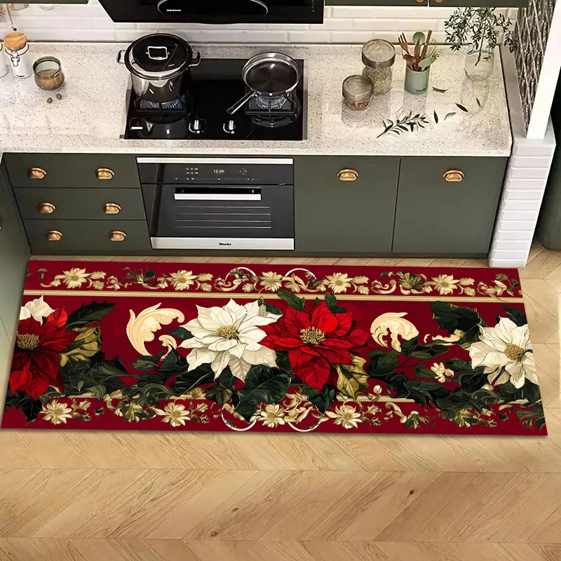 Christmas Poinsettia Floral Kitchen Mat Decor Non-Slip Laundry Room Mats Hallway Balcony Rugs Bedroom Mat Christmas Decorations