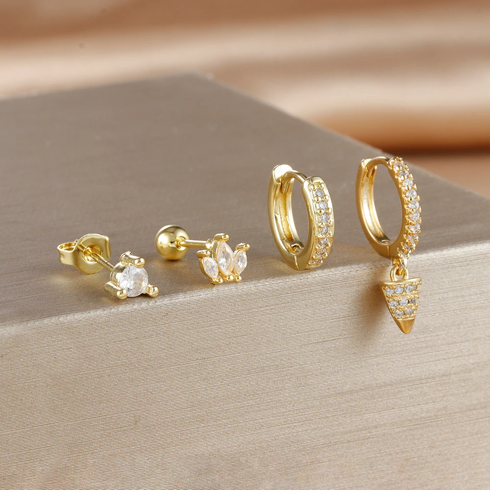4PCS Fashion Zircon Spike Cone Hoop Earrings Set For Women Stackable Punk Hip-hop Stud Piercing Earring 2025 New Jewelry Gifts