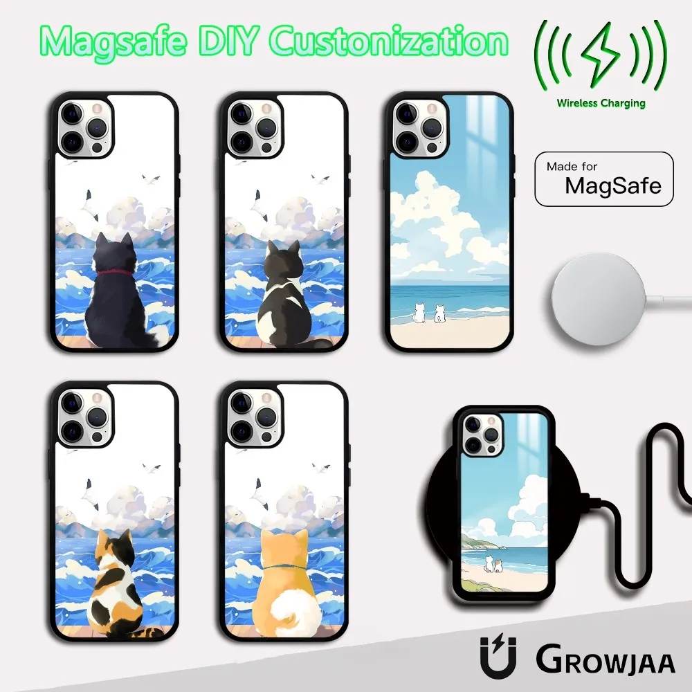 

Cute Cat Watching the Sea Phone Case For iPhone 16 15 14 13 12 11 Pro Max Plus Mini Magsafe Mirror Wireless Magnetic Cover