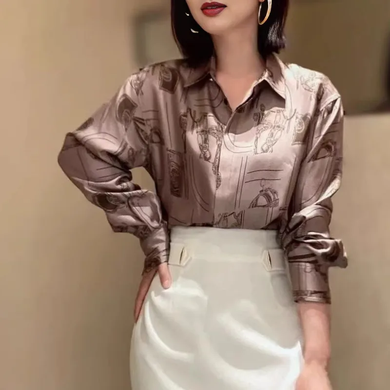 HKSH 2026 Spring New Women Shirt Printed Satin Long Sleeves Single Breasted Light Luxury Blouse Elegant High-end Ins Top HK18576