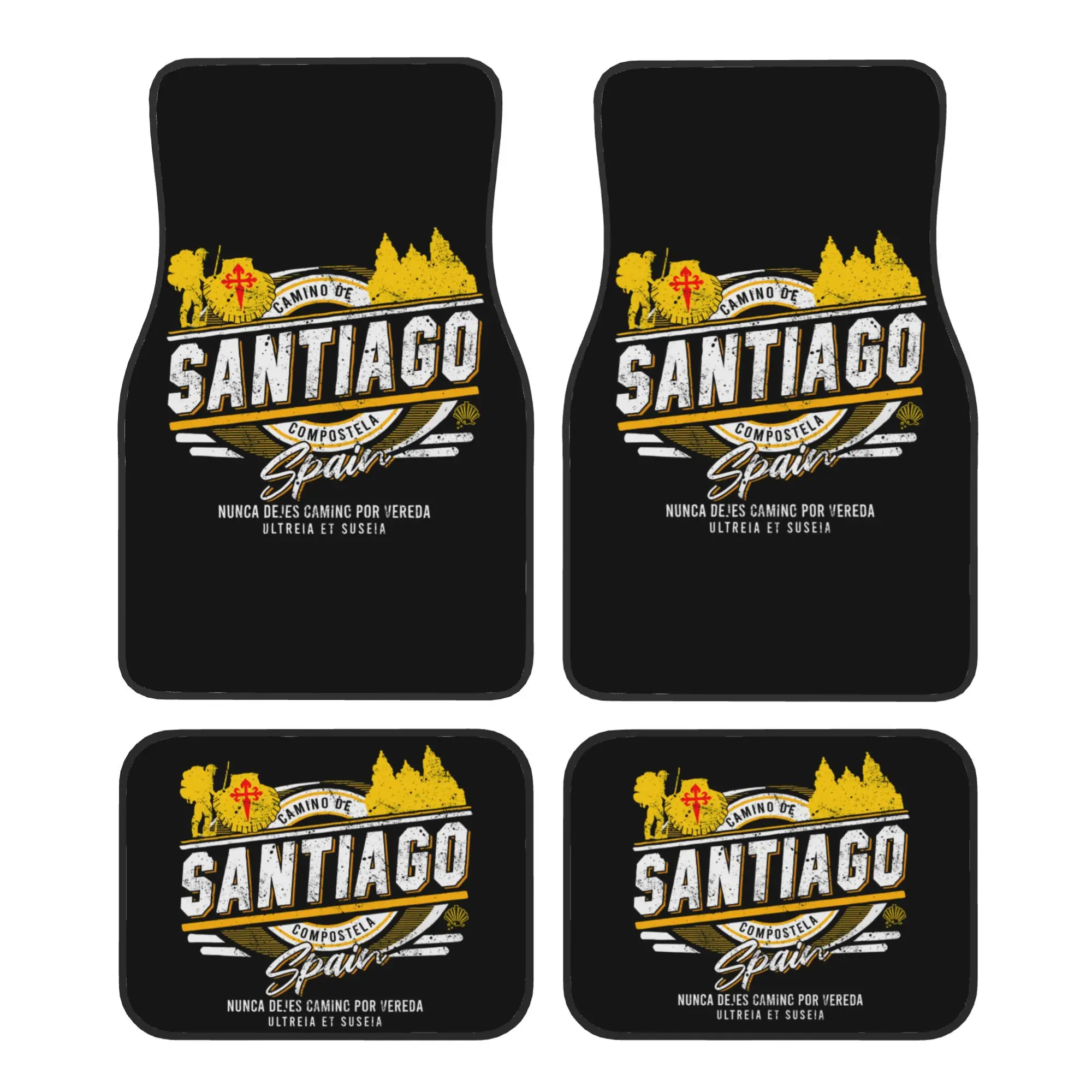 Alfombrillas para Coche Buen Camino de Santiago, 4 Piezas, Terciopelo Cristal, Compostela Peregrino, Alfombras Universales Delanteras y Traseras para Coche