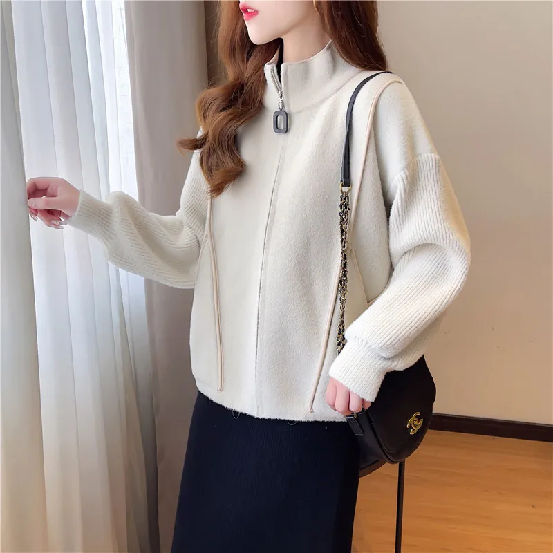

Spring/Summer French Minimalist Solid Color Zipper Splicing Knitted Short Jacket for Women's Cardigan and Women's Clothing A48