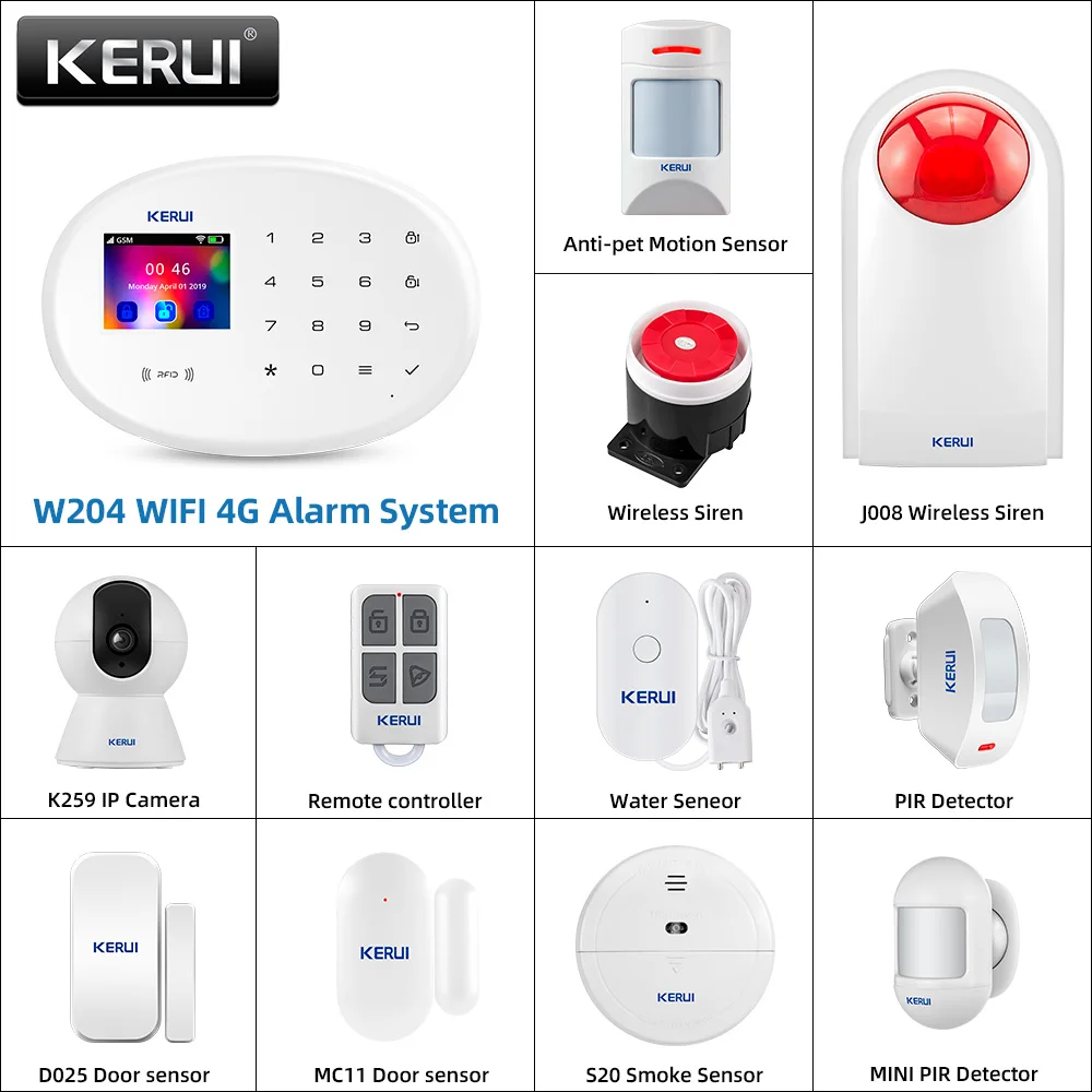 Kerui w204 4g wifi gsm sistema de alarme painel toque segurança em casa tuya inteligente rifd app controle remoto assaltante pir sensor porta sirene