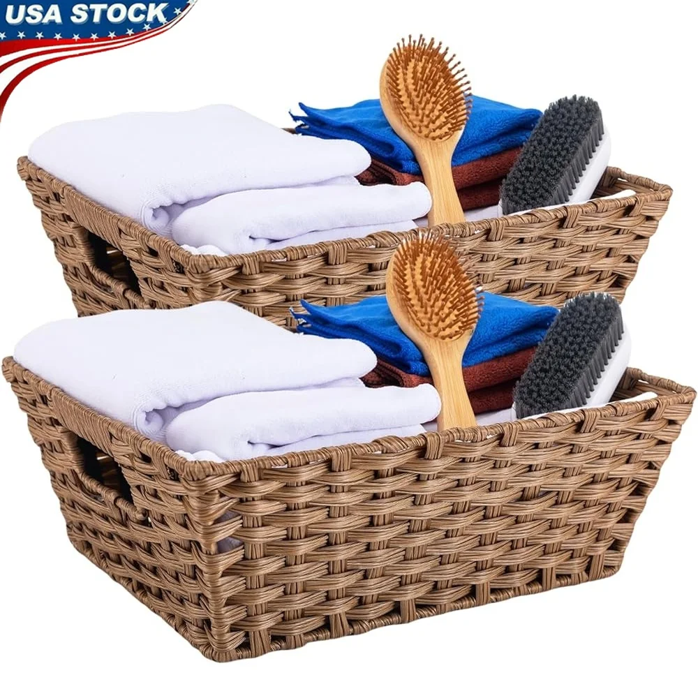 

Durable Wicker Storage Baskets 2 Pack Waterproof Decorative Organizer Bins Handcrafted with Handles Multi Purpose Home Use