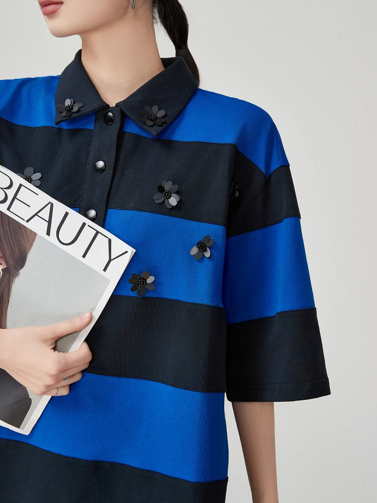 

Женская свободная футболка с коротким рукавом в корейском стиле, с уникальным дизайном, с цветочными полосками и бусинами цвета Кляйн, летний топ для молодых девушек