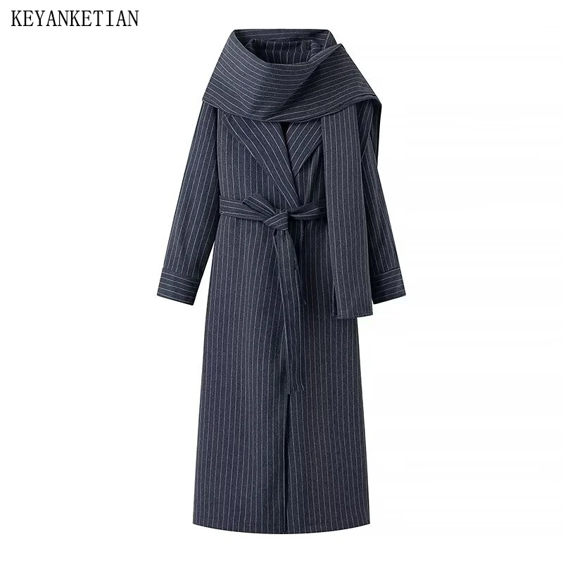 

KEYANKETIAN Spring New Women's Scarf Decoration, Lapel Tie Stripes, Hidden Button Long Windbreaker Jacket, Women Coat