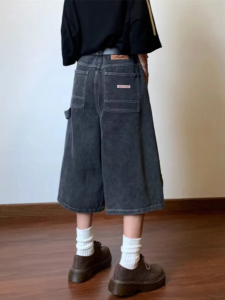 

Washed Vintage Loose Fit Straight Leg Jeans Capri Pants Women's Casual Wide Leg Trousers High Waist Summer Jeans