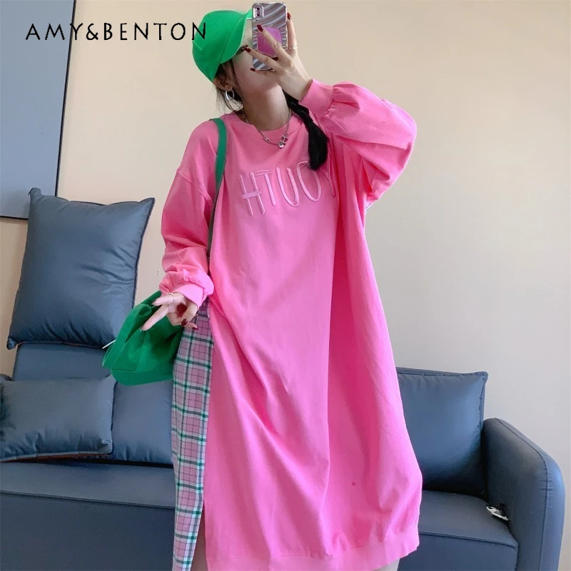 

2025 Autumn Women's Sweet Sweatshirt Vestidos Pure Cotton Embroidery Loose Slimming Plaid Patchwork Fashion Split Hoodies Dress