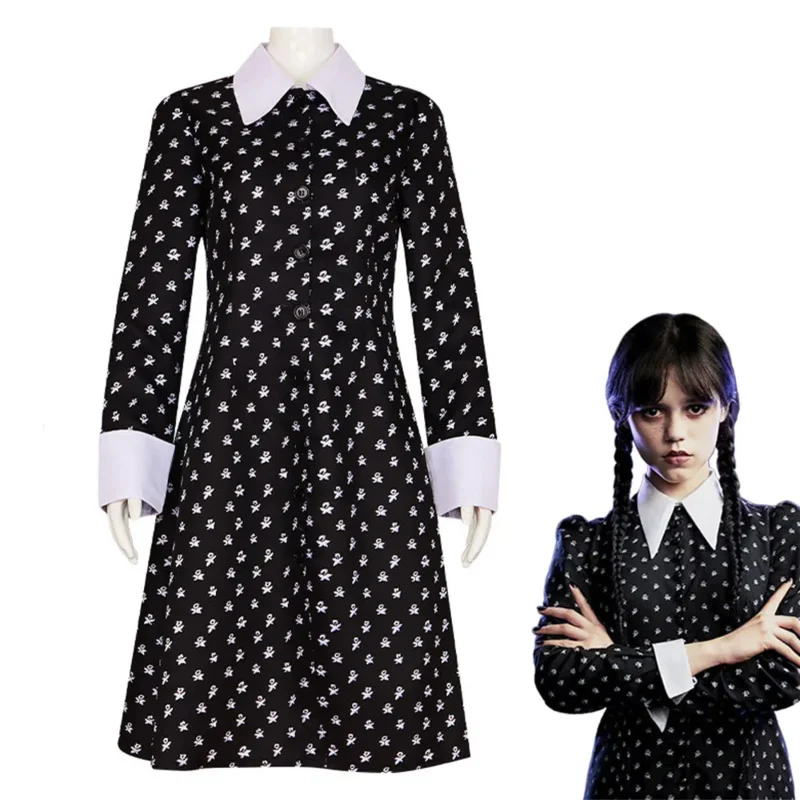 

Wednesday Addams Printing Black Dresses Halloween Cosplay Costumes Schoolgirl Dress Gift For Kids Girls Carnival Party Outfits