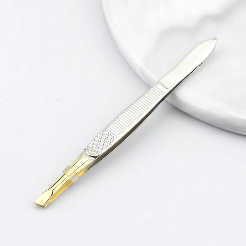 Stainless Steel Eyebrow Trimming Tweezers Flat Tip Slant Tip Eye Brow Clips Mesh Stripe Handle Plucking Eyelash Curler Girl