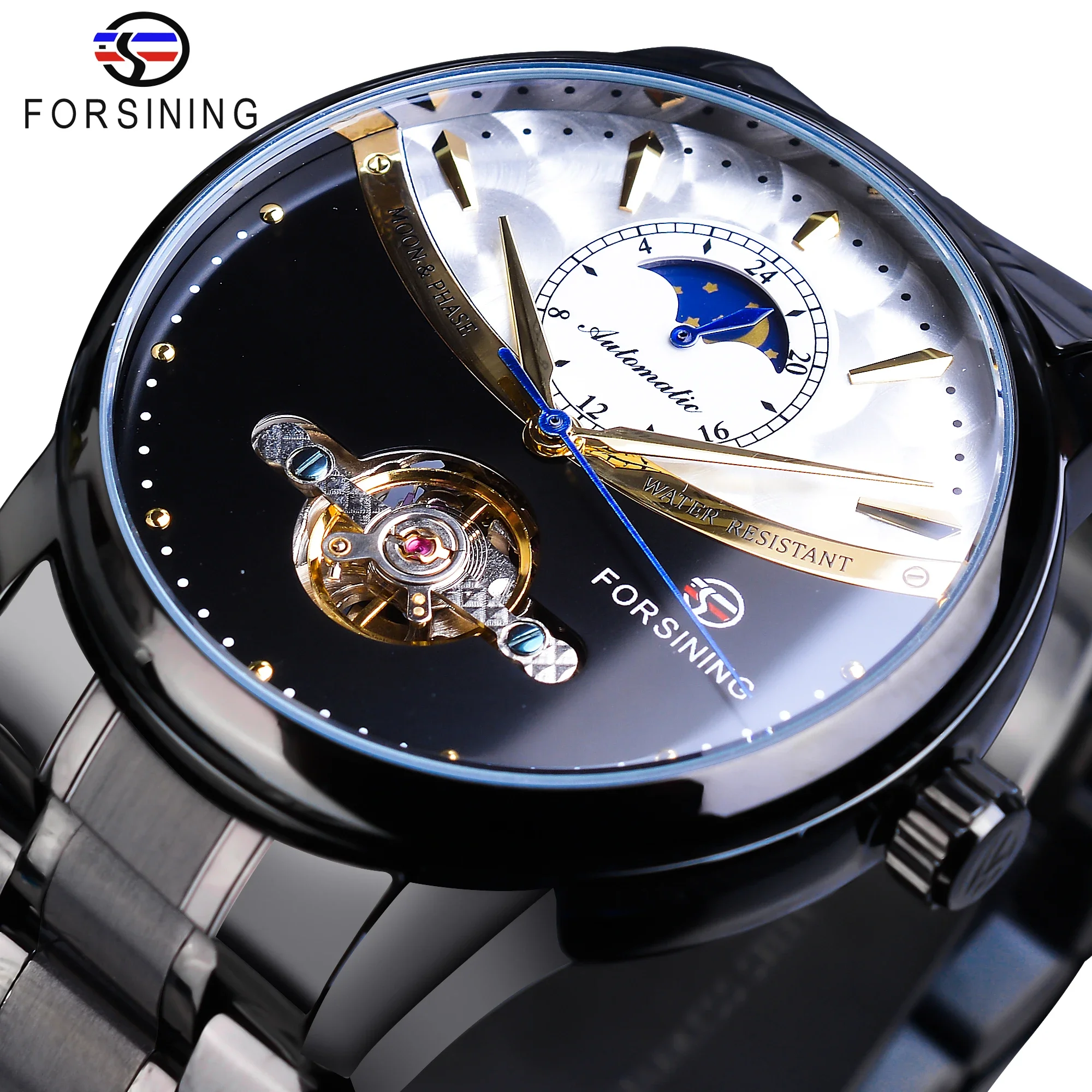 

Forsining винтажные механические часы мужские автоматические черные турбийоны с фазой Луны из нержавеющей стали ремешок деловые часы Relogio