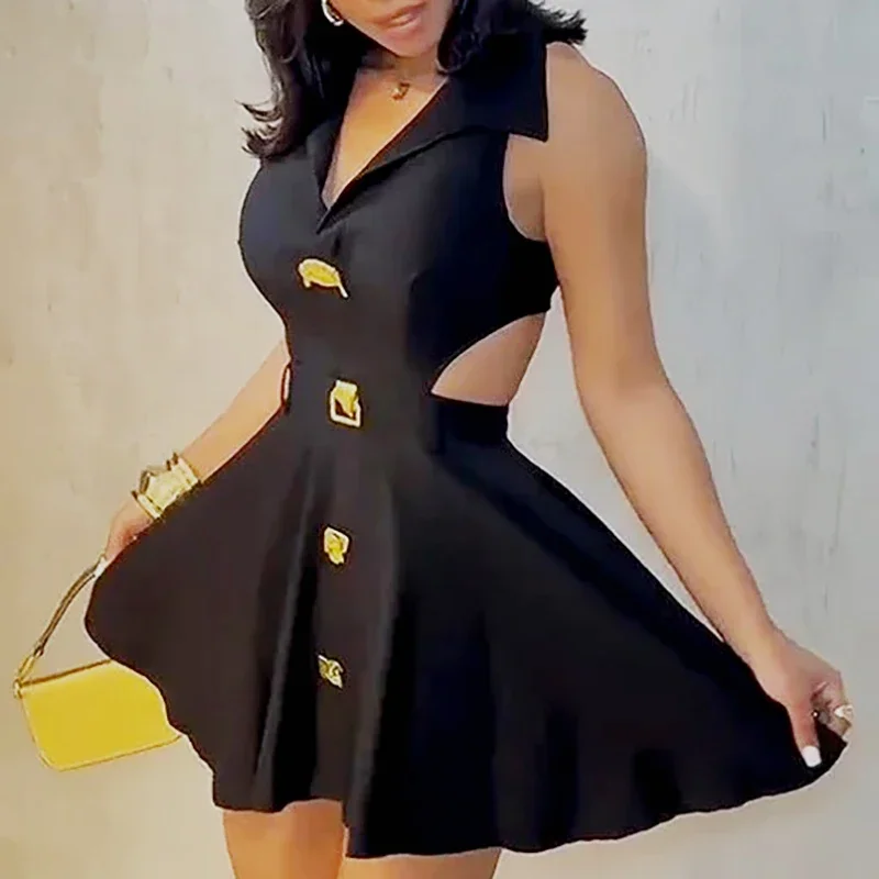 Robe d'été plissée, couleur unie, taille haute, bureau, bouton à revers, ligne A, Sexy, sans manches, Slim, courte