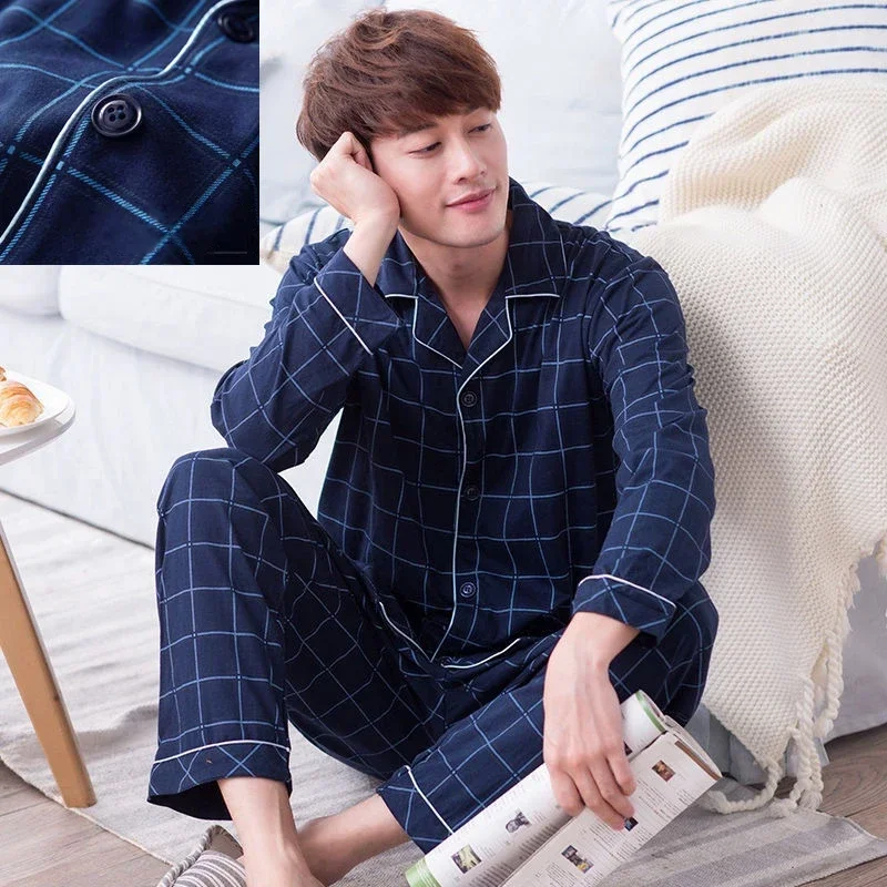 Men\'s Summer Cotton Pajamas Set Autumn Long Sleeve Sleepwear for Men Tops And Pants Set Plus Size Soft Cotton Homewear Male 2024