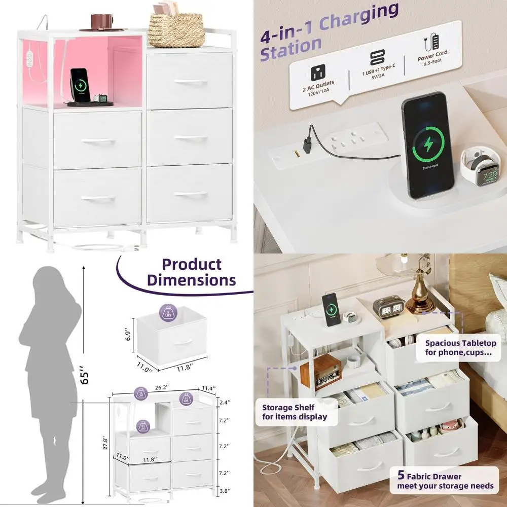 

Прикроватная тумбочка с LED-подсветкой и функцией зарядки, белая, с широким местом для хранения, тканевыми корзинами и открытыми полками, идеально подходит для спален, общежитий и детских комнат.