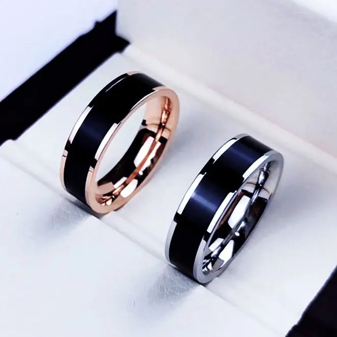 Rose Gold Color White Black Charm Ring for Woman Man Custom Engrave Name Wedding Jewelry 316L Stainless Steel Never Fade