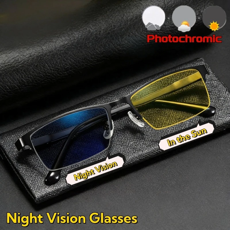 

TR90 Photochromic Night Vision Half Frame Glasses for Men Anti-Headlight Protection and UV Protection Sunglasses for Driving
