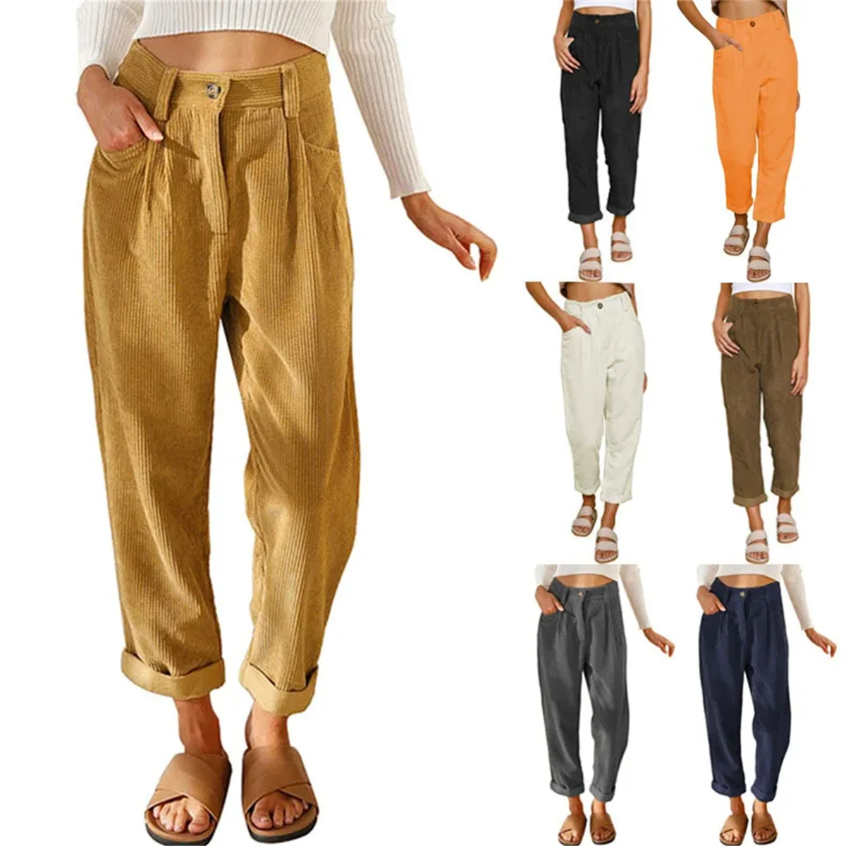 2025 Autumn and Winter New Women's High waist Casual Pants Europe and America Solid Corduroy Loose Straight Pants Women