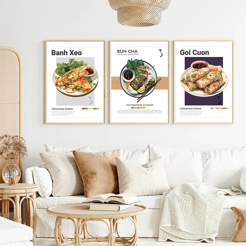 Minimalist Vietnamese Food Poster Banh Mi Bun Cha Goi Cuon Banh Xeo Cao Lau Canvas Painting Wall Art Picture Kitchen Home Decor