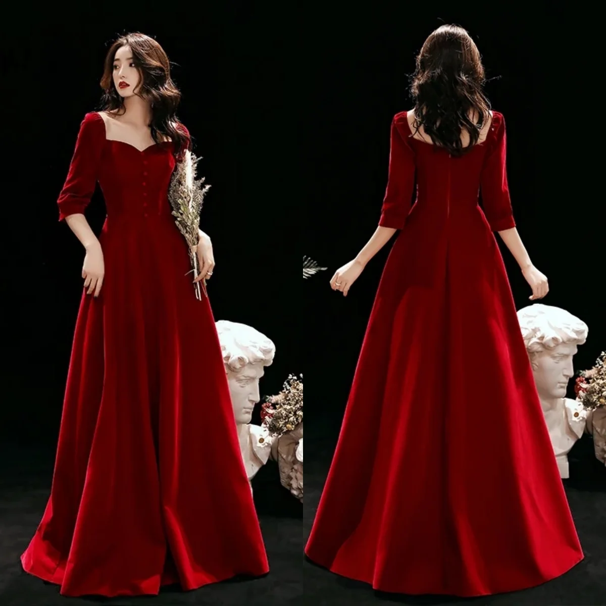 

Evening Dress Burgundy Velvet Square Collar button 3/4 Sleeves Zipper Back A-line Floor Length Plus size Women Party Formal Gown