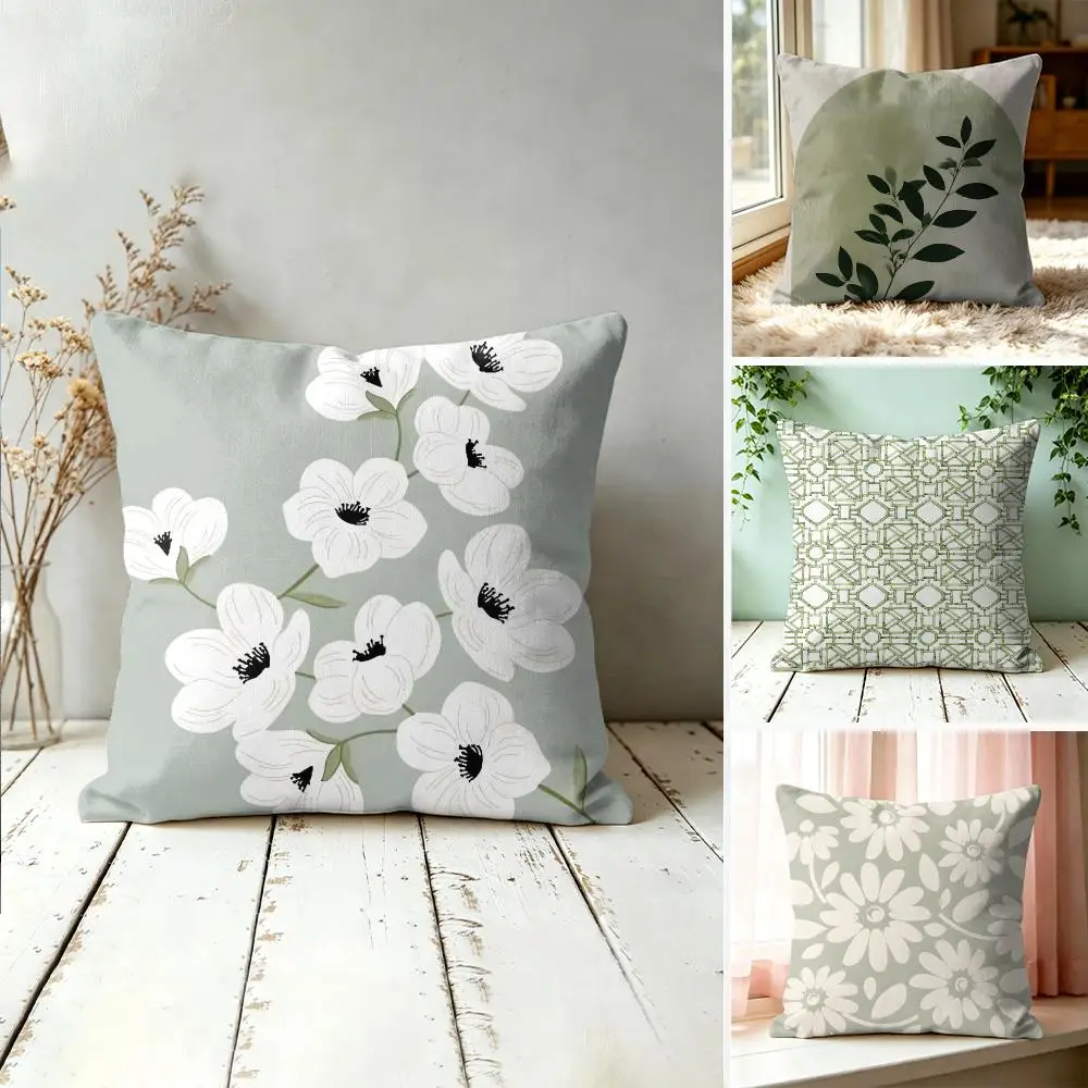 Abstract Green Flowers Cushion Cover Silky Short Plush Invisible Zipper Dustproof Sofa Pillow Case For Home Decor